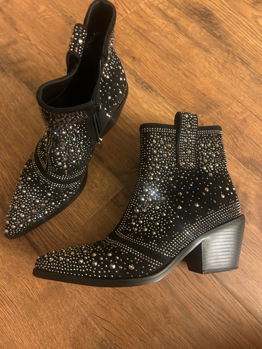 Embellished Black Ankle Boots with Block Heel